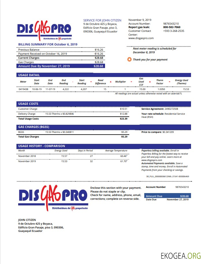 Ecuador Disgaspro gas utility bill template in Word and PDF format